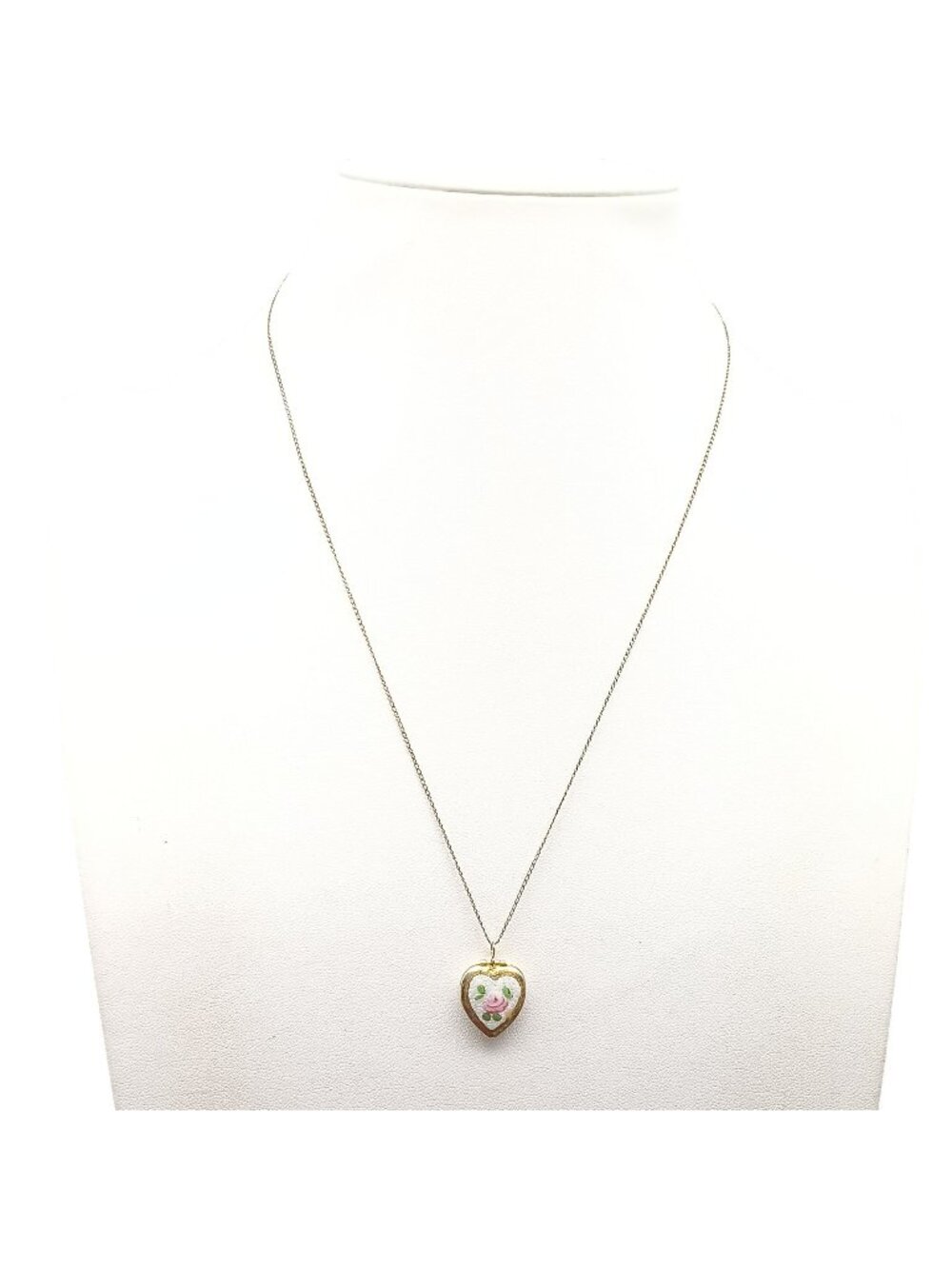 Vintage Gold-Tone Guilloche Enamel Heart Locket Necklace with Pink Rose Design
